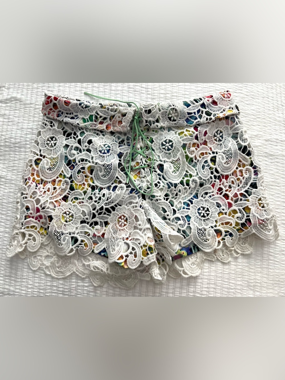 Lulumari White Crochet Shorts with Multicolor Floral Underlayer